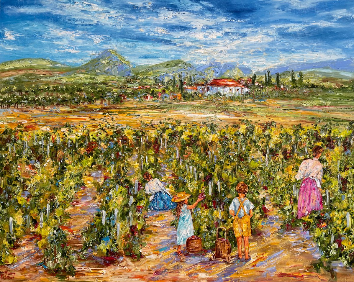 Impressionistic Landscape Oil Painting By Diana Malivani, 59 X 47, Le Temps Des Vendanges, Original Artwork