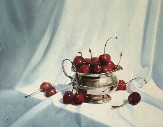 "Cherry flavor. "  still life summer plant cherries red  liGHt original painting  GIFT (2021))