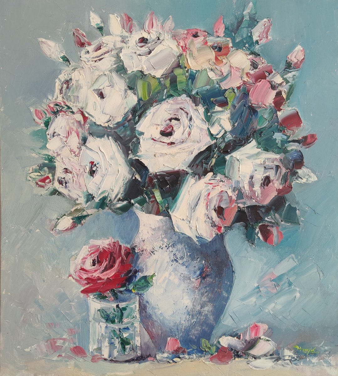 Impressionistic Botanical Oil Painting By Hayk Miqayelyan, 20 X 24, White Roses, Original Artwork