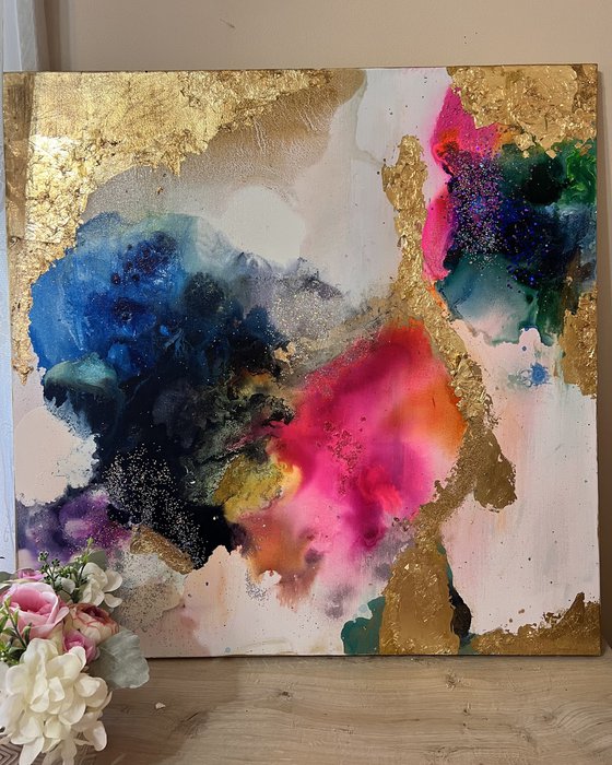 large colorful abstract with gold leaf vibrant  painting rainbow abstract
