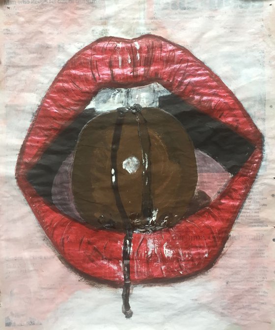 Lips Study III Red Lips Mouth Open Woman Face Portrait Original Artwork Realistic Lips Art For Sale Buy Art Now Free Delivery 36x27cm Newspaper Painting