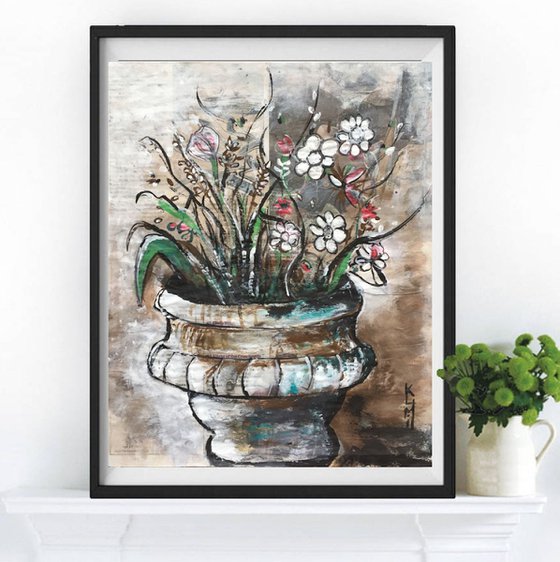 Pot Flowers Acrylic On Newspaper Nature Art Flower Painting Of Colour Floral Art 37x29cm Gift Ideas Original Art Modern Art Contemporary Painting Abstract Art For Sale Buy Original Art Free Shipping Acrylic