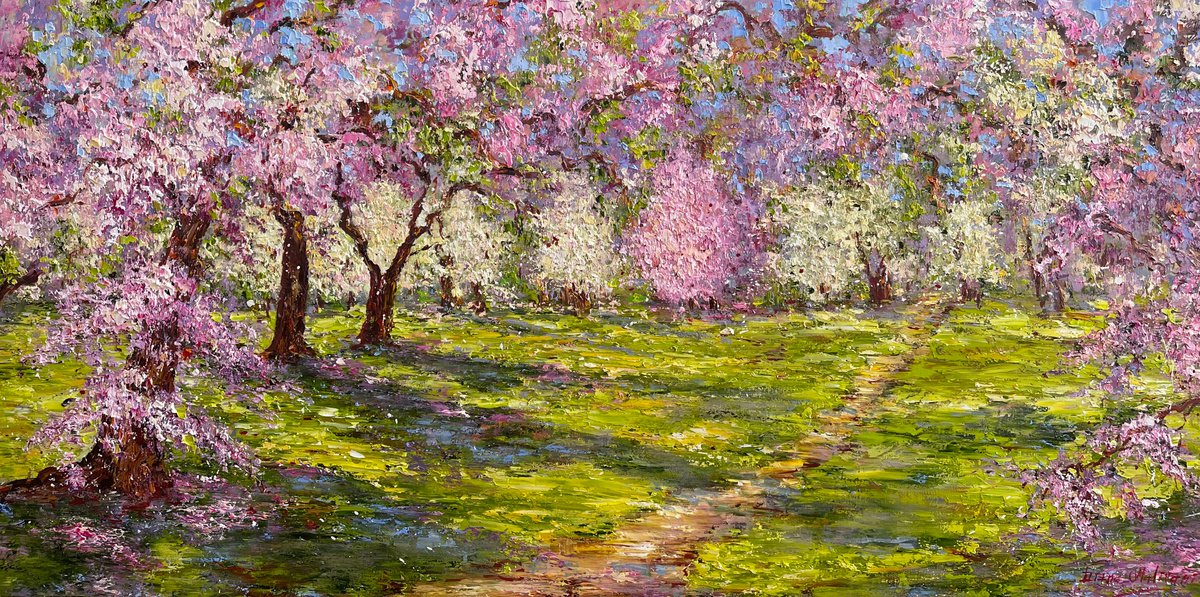 Impressionistic Botanical Oil Painting By Diana Malivani, 47 X 24, Les Jardins En Fleur, Original Artwork