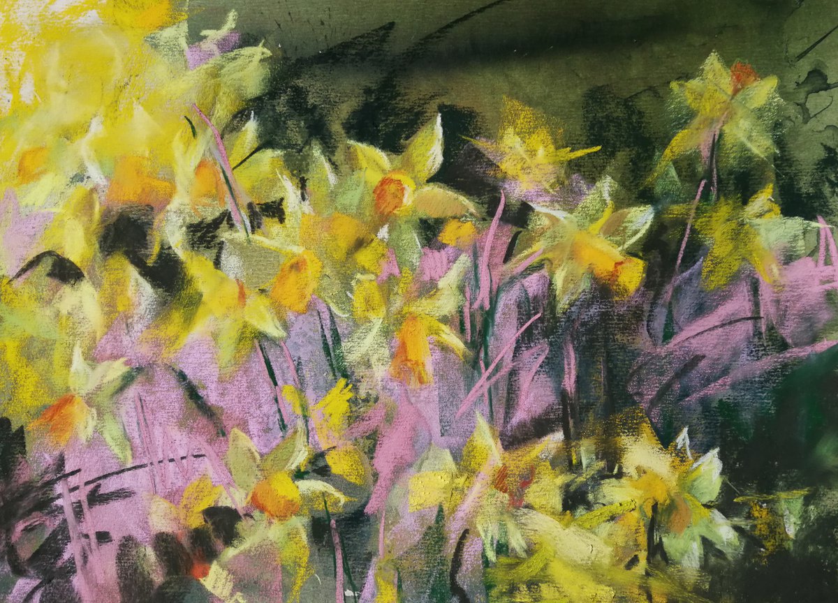 Abstract Botanical Pastel Drawing By Silja Salmistu, 11 X 8", Garden Memories: Daffodils, Original Artwork
