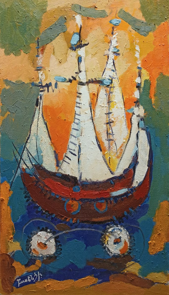 The ship with wheels (40x70cm, oil painting, ready to hang) by Artyom Basenci
