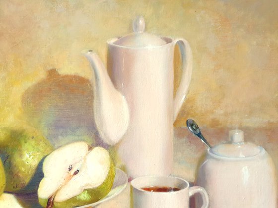 "Evening tea with pears. " still life teapot pear liGHt original painting  GIFT (2020)