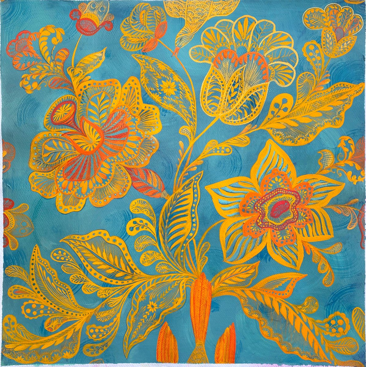 Impressionistic Botanical Painting By Tetiana Savchenko, 20 X 20", Golden Flowers On Turquoise, Original Artwork
