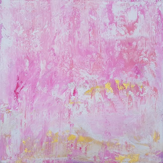 Raspberry clourds - golden and pink abstract