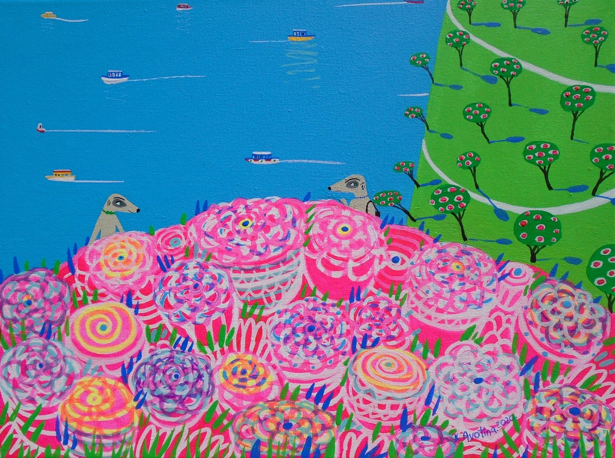 Impressionistic Botanical Acrylic Painting By Katrina Avotina, 16 X 12", Enjoying The Roses, Original Artwork