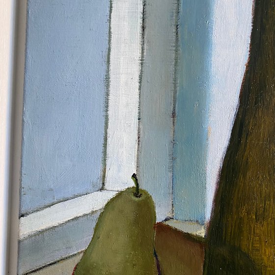 Bottle and Pears in Window