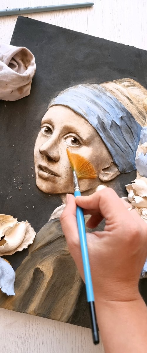 A Girl With a Pearl Earring And Irises / bas-relief with portrait and flowers /Based on Vermeer by Irina Stepanova