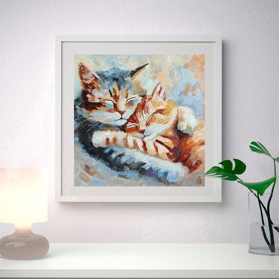 Sleeping Cats Couple Oil Painting