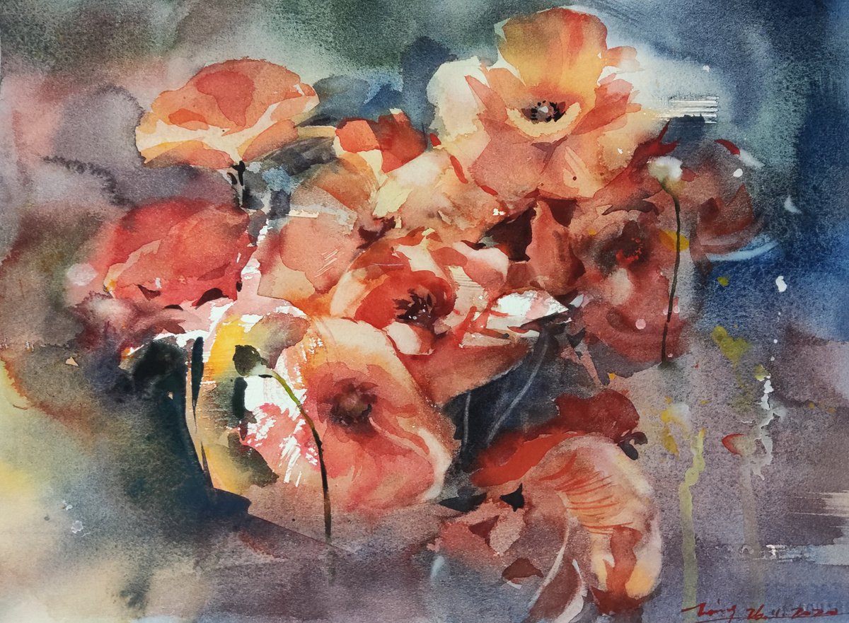 Impressionistic Botanical Watercolour By Jing Chen, 15 X 11, Fading, Original Artwork