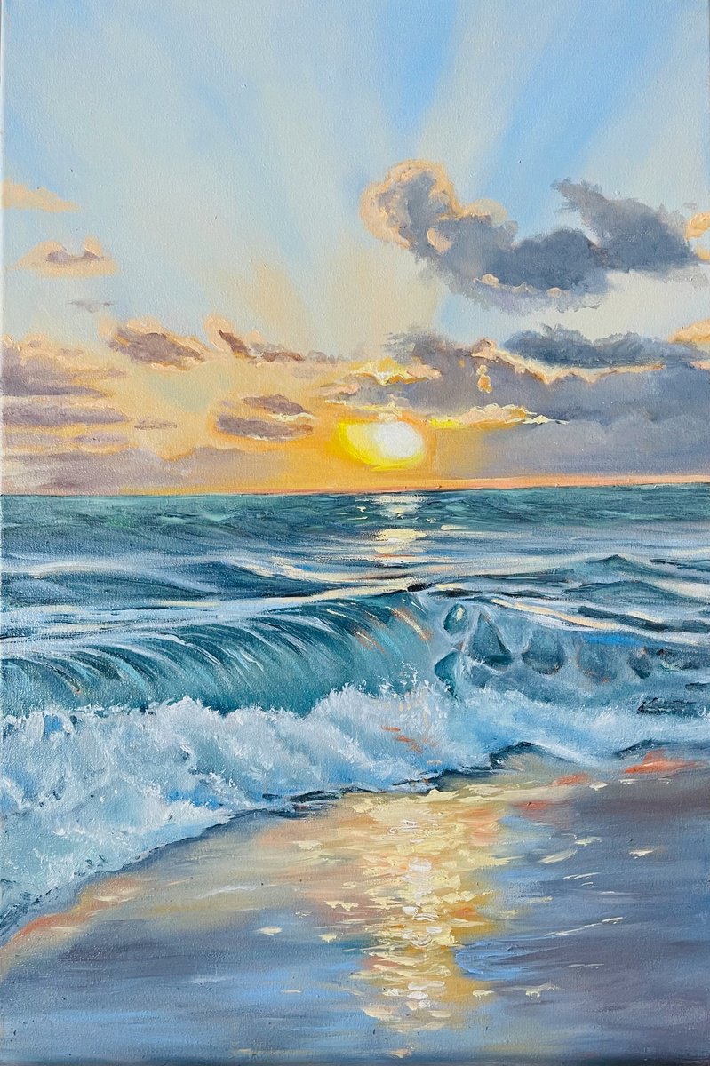 Photorealistic Landscape Oil Painting By Irina Ponna, 16 X 24, Morning Wave, Original Artwork