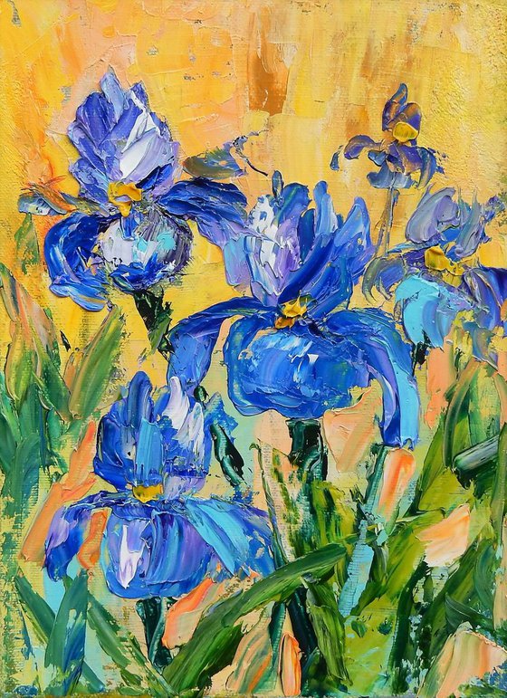 Irises, flowers. Impasto oil painting. Palette knife, heavy textured art