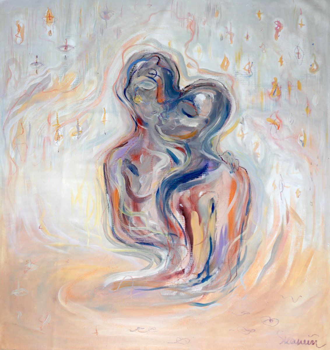 Expressive Portrait Oil Painting By Mari Skakun, 45 X 47", Sparkling Love, Original Artwork