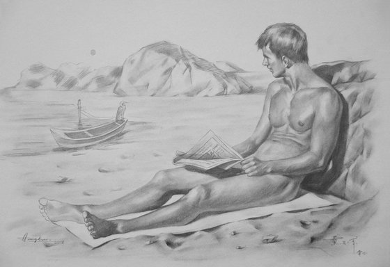 original art drawing  charcoal  male nude by the seaside on paper #16-11-15