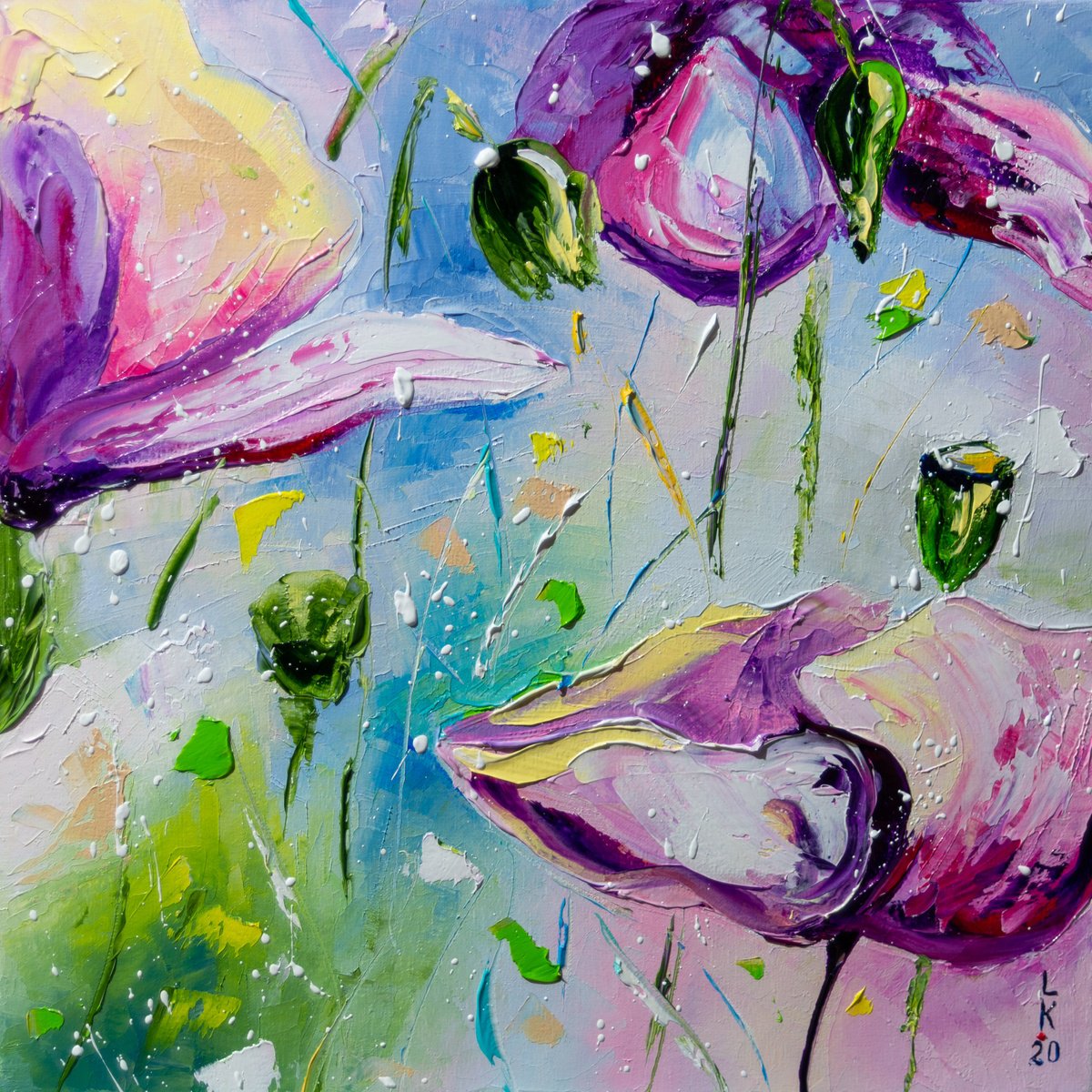 Impressionistic Botanical Oil Painting By Liubov Kuptsova, 12 X 12", Purple Poppies, Original Artwork