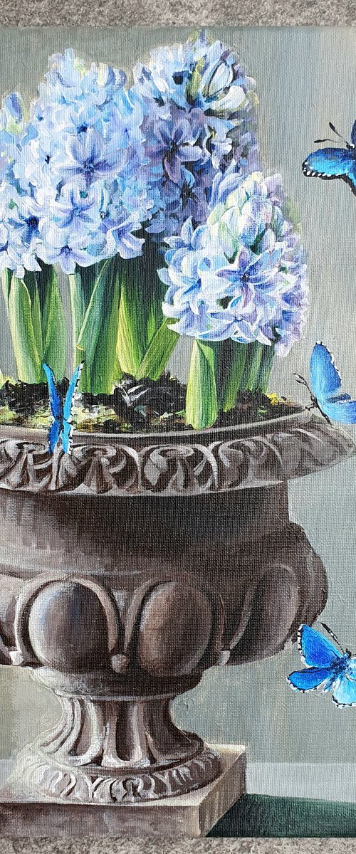 Floral acrylic blue hyacinths in vase by SoNata Art