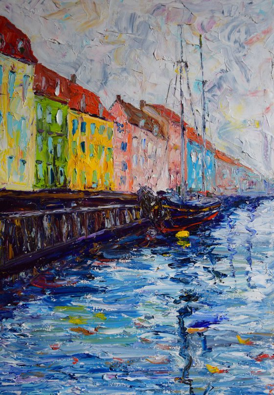 Original oil painting Harbour Nyhavn in Copenhagen