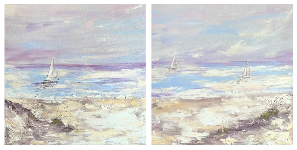 MARINE HISTORY - Bright diptych. Ocean. Sailboat. Bay. Coast. Sand. Clouds. by Marina Skromova