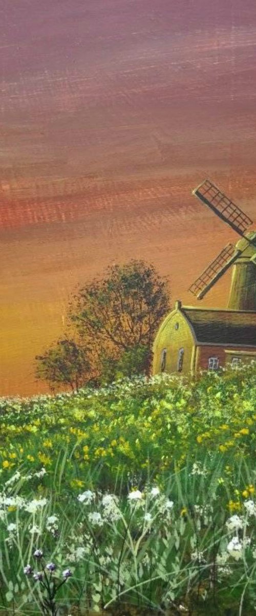 Mill and flowers. Acrylic on panel 30x30cm by Eugene Gorbachenko