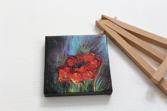 Mini Poppy with Mini Easel - Floral Acrylic Painting - gift art
