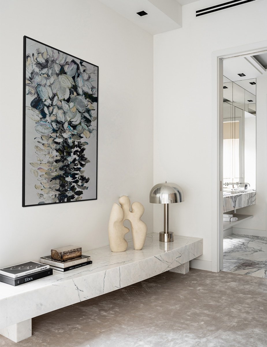 Impressionistic Botanical Acrylic Painting By Tetiana Hutsul, 33 X 63", Rosee Royale, Original Artwork