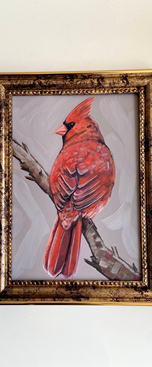 Red Cardinal Bird painting framed 5x7inch by Leysan Khasanova