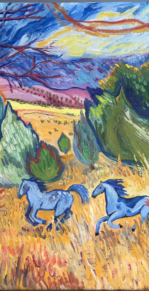 Blue Mustangs in Penasco Valley NM Hwy 82 by Charmaine Hall