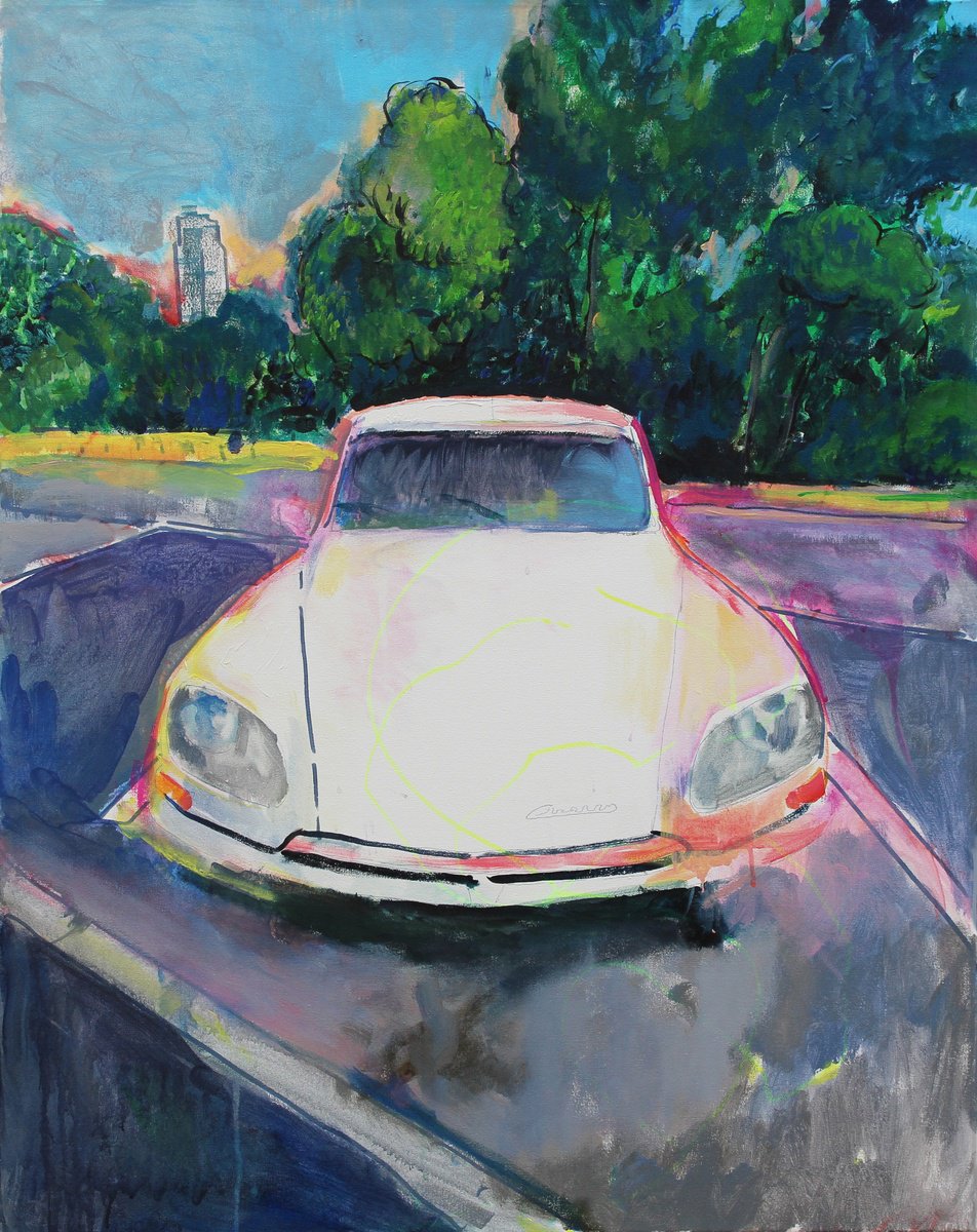 Impressionistic Landscape Acrylic Painting By Artem Andreichuk, 30 X 37, Citroen Ds In Hyde Park, Original Artwork