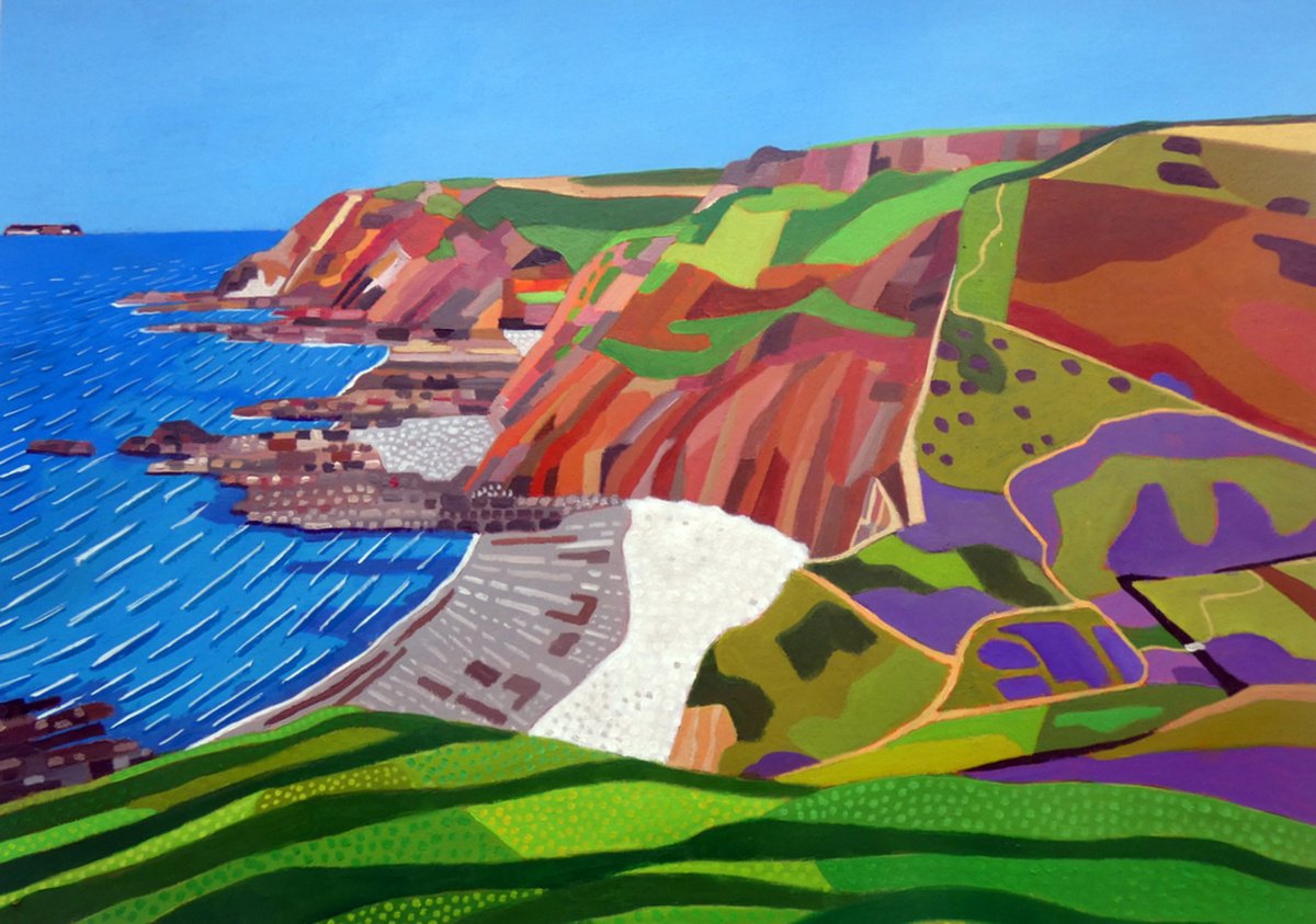 Landscape Acrylic Painting By Tim Treagust, 17 X 12", Marsland Mouth With Lundy View, Original Artwork