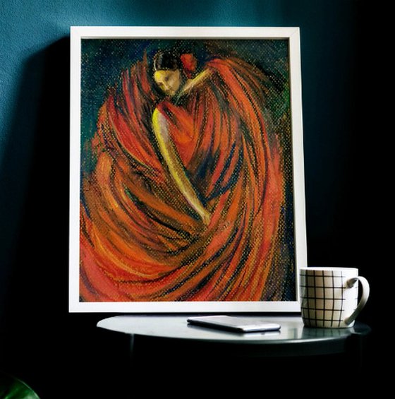 The Flamenco dancer in red Oil Pastel art on paper 11.75"x 8.25"