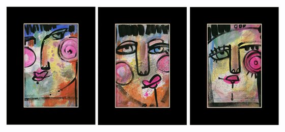 Funky Face Collection 7 - 3 Mixed Media Collage Paintings by Kathy Morton Stanion