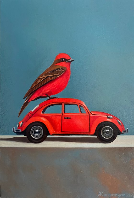Still life with bird and old red car