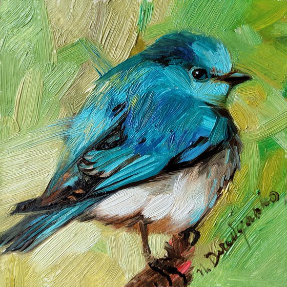 Teal bird miniature painting original 4x4 framed art, Blue Bird wall wildlife art gift for girlfriend
