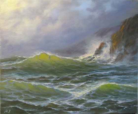 Big Wave Painting - Ocean Original Art Seascape Artwork Storm Wall Art Small Painting 12" by 10"