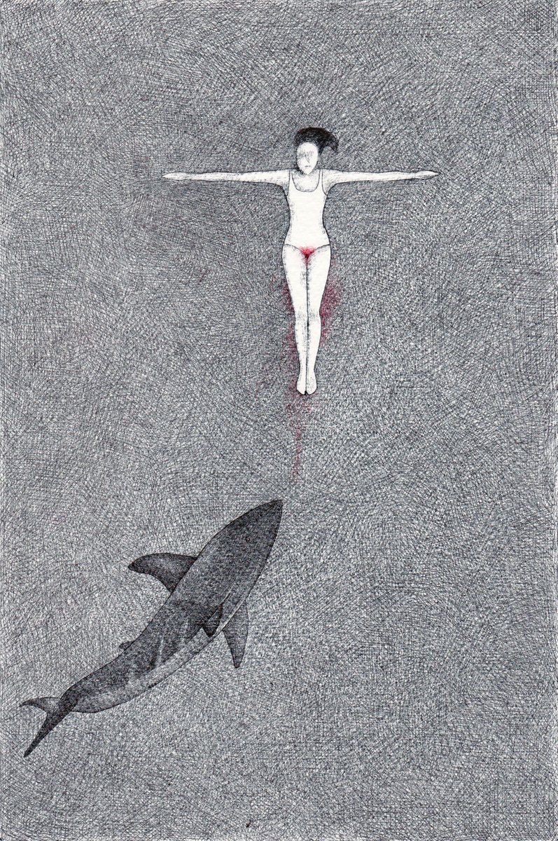 Surrealistic Animal Ink Drawing By Andromachi Giannopoulou, 6 X 10, Woman Swimming, Original Artwork