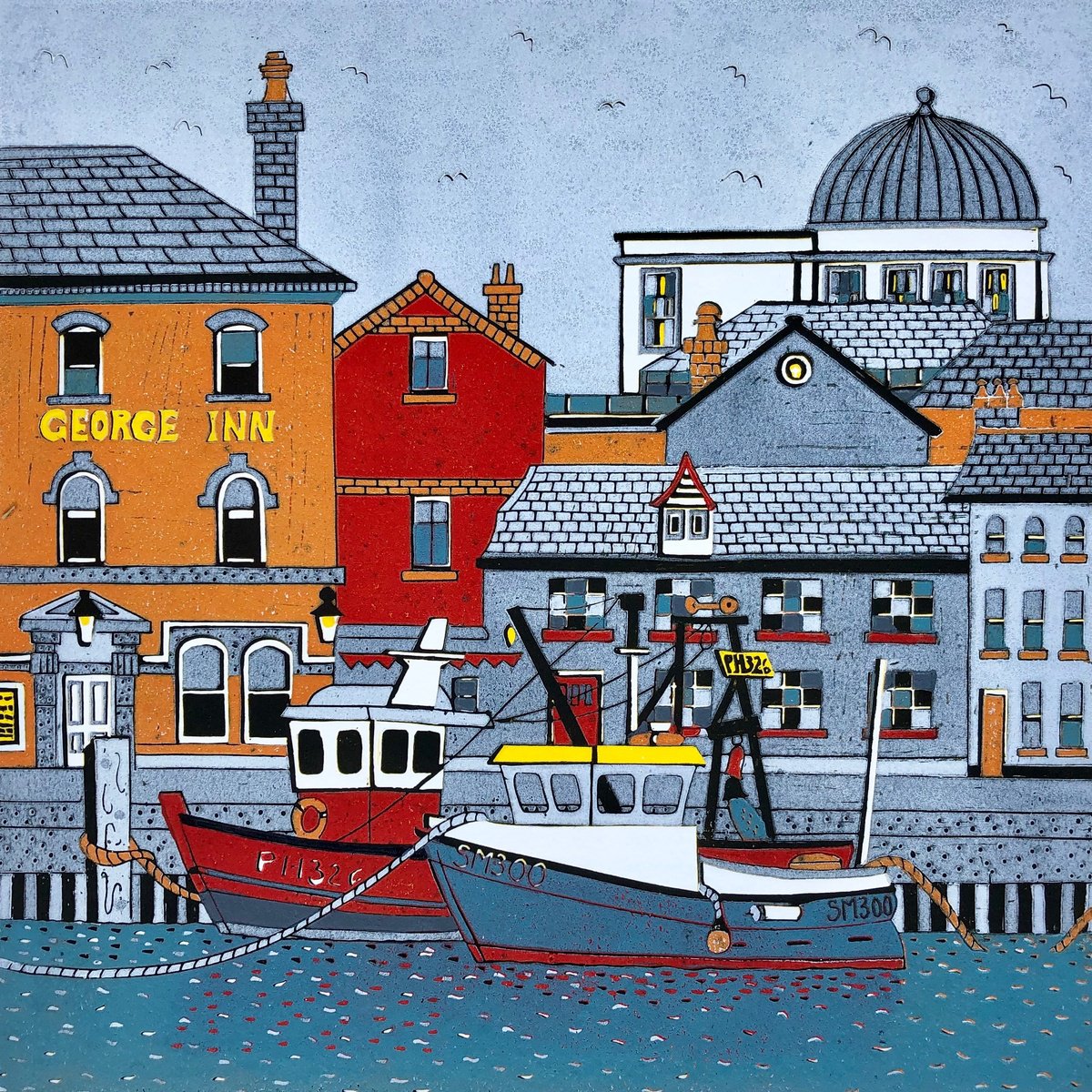 Illustrative Landscape Linocut By Nathalie Pymm Art, 12 X 12", Lunch At The Inn, Original Artwork