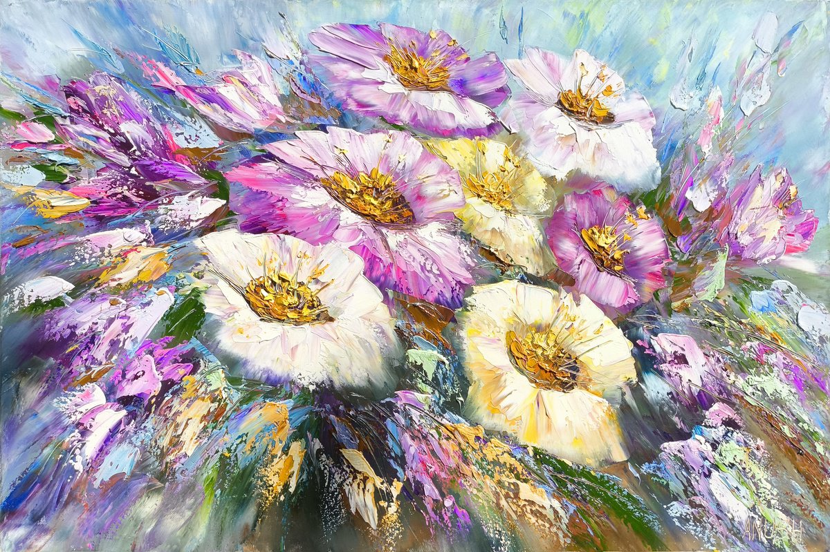 Impressionistic Botanical Oil Painting By Anush Emiryan, 35 X 24, Burst Of Blossoms, Original Artwork