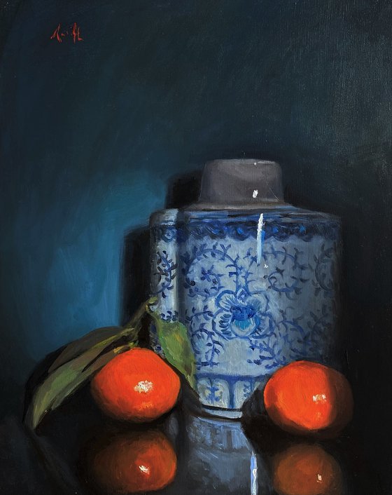 Oranges, with Antique Blue & White Ginger Vase.