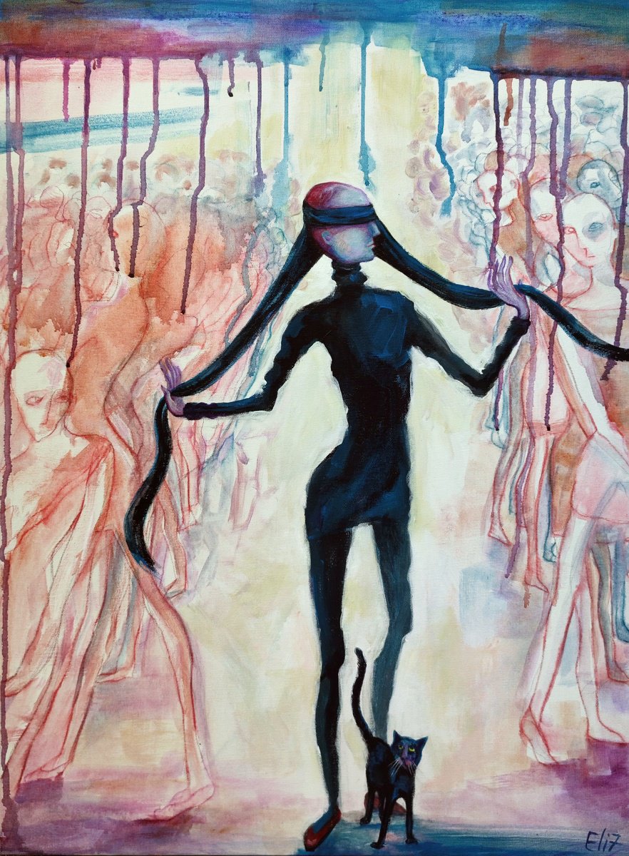 Expressive Portrait Acrylic Painting By Elisheva Nesis, 20 X 28, My Way, Original Artwork