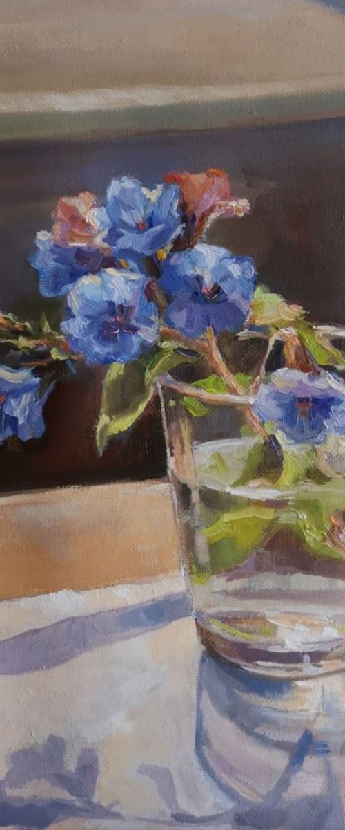 "Essence of spring in a water glass", original, one-of-a-kind, oil on canvas impressionistic painting (12x12") by Alexander Koltakov