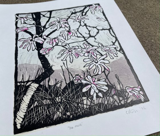 The Melt - Magnolia Blossom Contemporary Linocut Print