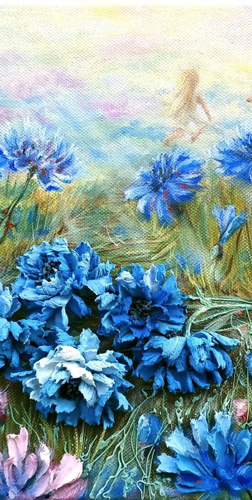 Blue cornflowers on a summer meadow - Plucked flowers - Interrupted dance. 30x25x4cm. by Irina Stepanova