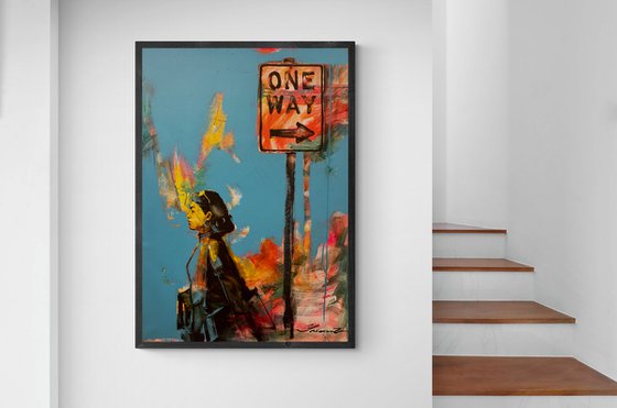 Bright vertical painting - "ONE WAY" - Street art - City - Street - Girl - Road sign - Urban art - Cityscape