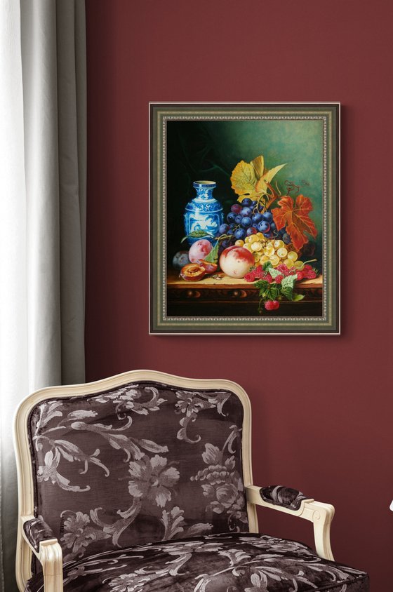 Still Life with Chinese Vase, Grapes, Peach and Raspberry