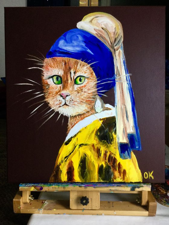 Cat with the pearl earring inspired by Vermeer painting feline art for cat lovers gift idea