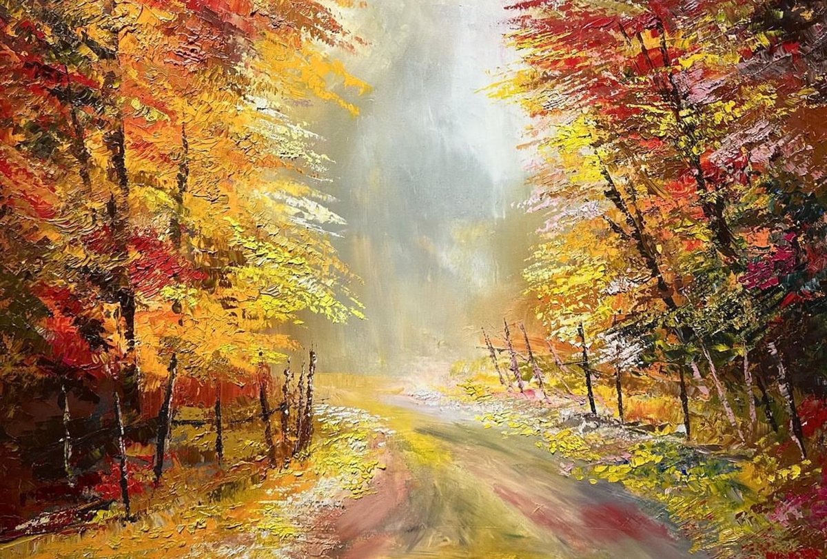 Impressionistic Landscape Oil Painting By Vahe Bagumyan, 39 X 28", Pathway Of Gold, Original Artwork