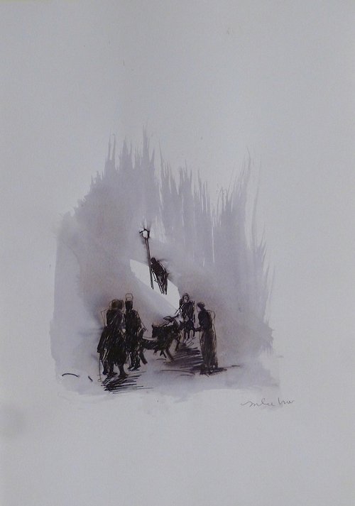 People and dogs in the street, 29x41 cm by Frederic Belaubre